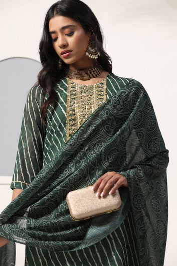 Womens Green Georgette Straight Leheriya Printed Kurta And Pant With Dupatta Set