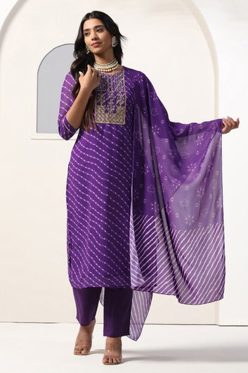 Womens Violet Georgette Straight Bandhani Printed Kurta And Pant With Dupatta Set