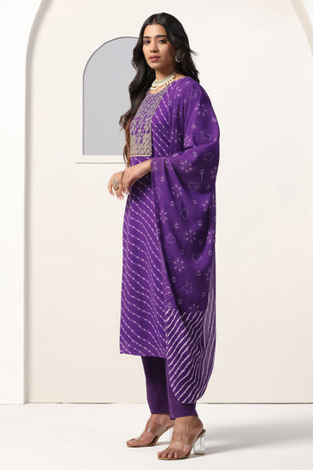 Womens Violet Georgette Straight Bandhani Printed Kurta And Pant With Dupatta Set