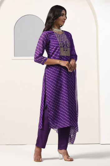 Womens Violet Georgette Straight Bandhani Printed Kurta And Pant With Dupatta Set