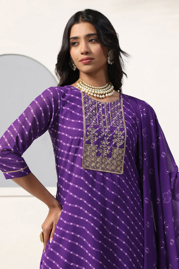 Womens Violet Georgette Straight Bandhani Printed Kurta And Pant With Dupatta Set