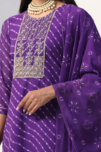 Womens Violet Georgette Straight Bandhani Printed Kurta And Pant With Dupatta Set