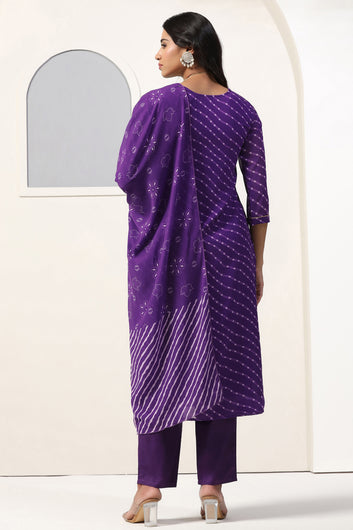 Womens Violet Georgette Straight Bandhani Printed Kurta And Pant With Dupatta Set