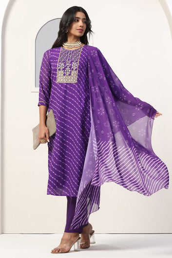 Womens Violet Georgette Straight Bandhani Printed Kurta And Pant With Dupatta Set