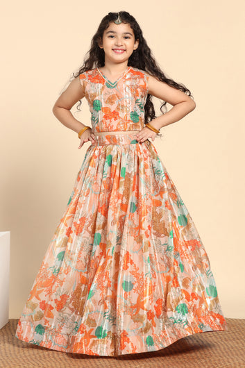 Girls Orange Georgette Floral Printed Readymade Lehenga With Choli Set