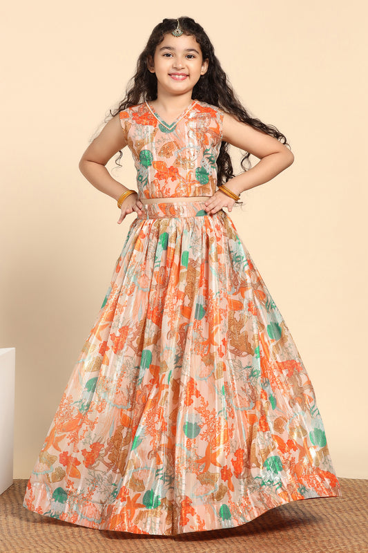 Girls Orange Georgette Floral Printed Readymade Lehenga With Choli Set