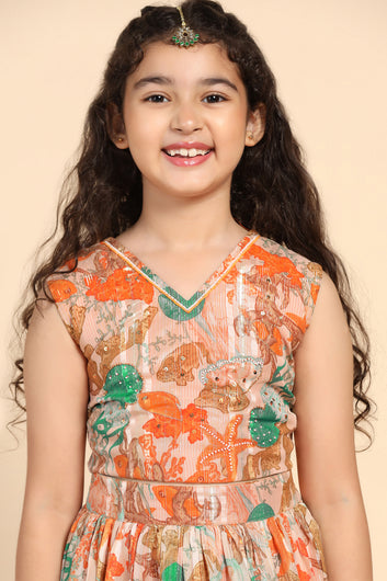 Girls Orange Georgette Floral Printed Readymade Lehenga With Choli Set