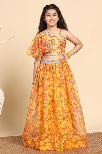 Girls Yellow Crepe Silk Printed One Shoulder Lehenga Choli