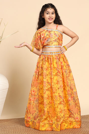 Girls Yellow Crepe Silk Printed One Shoulder Lehenga Choli
