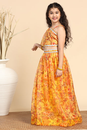 Girls Yellow Crepe Silk Printed One Shoulder Lehenga Choli