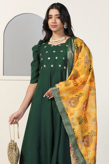 Womens Bottle Green Cotton Blend Embroidered Anarkali Kurta And Pant With Dupatta Set