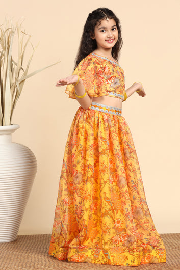 Girls Yellow Crepe Silk Printed One Shoulder Lehenga Choli