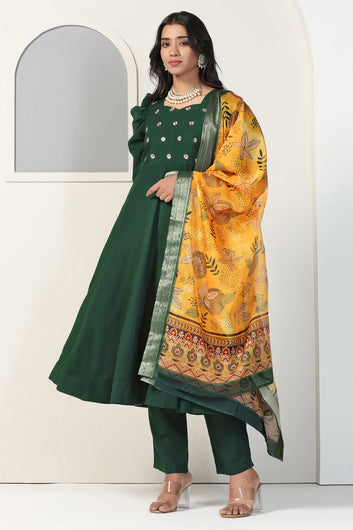 Womens Bottle Green Cotton Blend Embroidered Anarkali Kurta And Pant With Dupatta Set