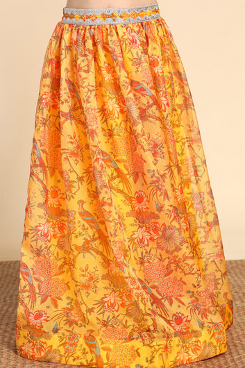 Girls Yellow Crepe Silk Printed One Shoulder Lehenga Choli