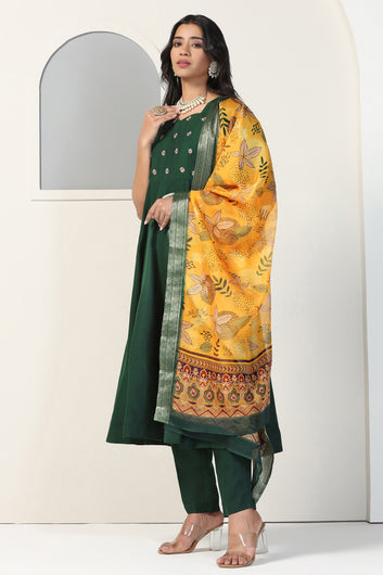 Womens Bottle Green Cotton Blend Embroidered Anarkali Kurta And Pant With Dupatta Set