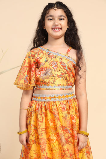 Girls Yellow Crepe Silk Printed One Shoulder Lehenga Choli