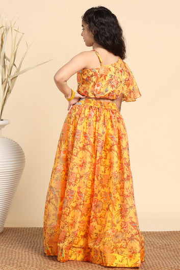 Girls Yellow Crepe Silk Printed One Shoulder Lehenga Choli