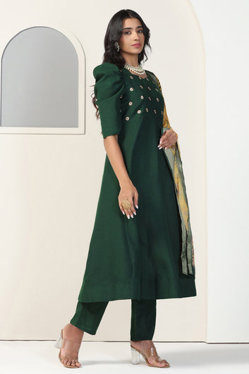 Womens Bottle Green Cotton Blend Embroidered Anarkali Kurta And Pant With Dupatta Set