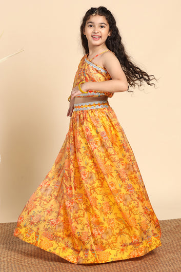 Girls Yellow Crepe Silk Printed One Shoulder Lehenga Choli