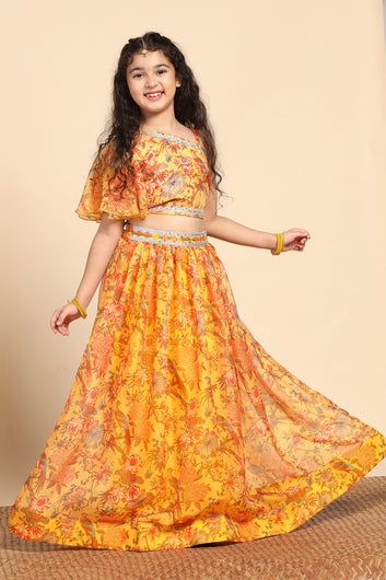 Girls Yellow Crepe Silk Printed One Shoulder Lehenga Choli