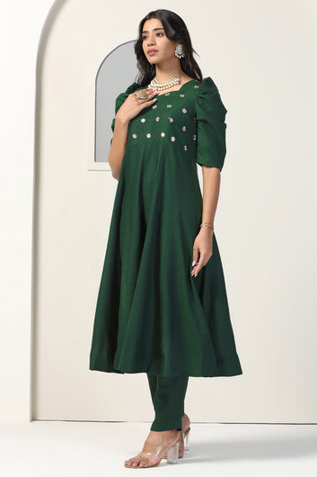 Womens Bottle Green Cotton Blend Embroidered Anarkali Kurta And Pant With Dupatta Set