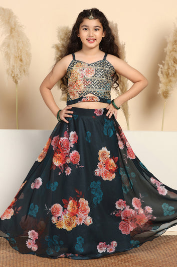 Girls Teal Tabby Organza Floral Printed Lehenga With Choli Set