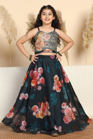 Girls Teal Tabby Organza Floral Printed Lehenga With Choli Set