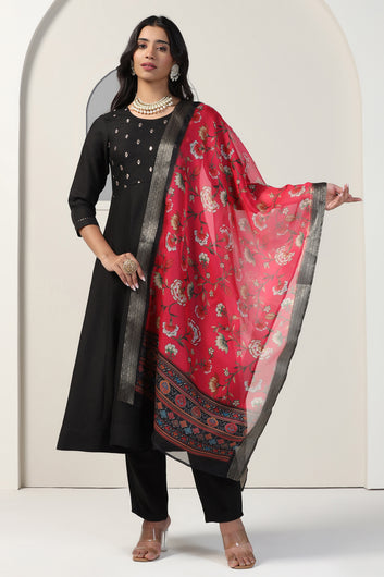 Womens Black Cotton Blend A line Emboidered Kurta And Pant With Dupatta Set