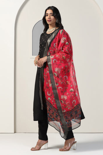 Womens Black Cotton Blend A line Emboidered Kurta And Pant With Dupatta Set