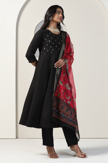 Womens Black Cotton Blend A line Emboidered Kurta And Pant With Dupatta Set