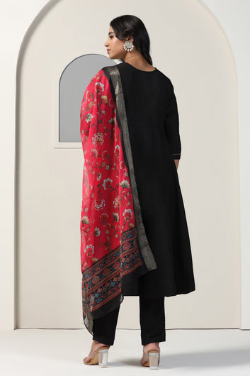 Womens Black Cotton Blend A line Emboidered Kurta And Pant With Dupatta Set