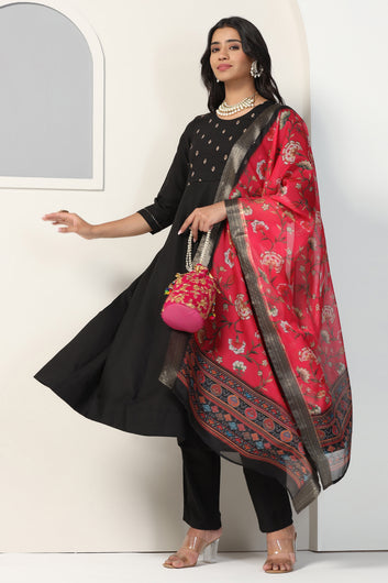 Womens Black Cotton Blend A line Emboidered Kurta And Pant With Dupatta Set