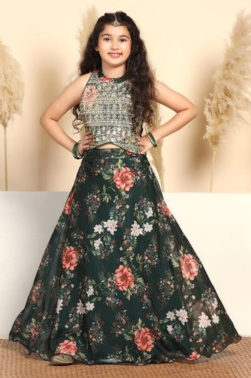 Girls Green Tabby Organza Floral Printed Lehenga With Choli Set