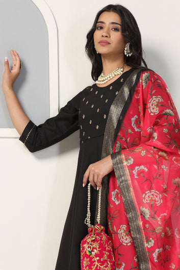 Womens Black Cotton Blend A line Emboidered Kurta And Pant With Dupatta Set