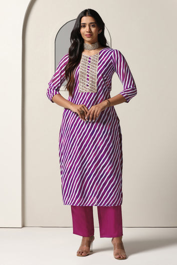 Womens Purple Georgette Straight Leheriya Printed Kurta And Pant With Dupatta Set