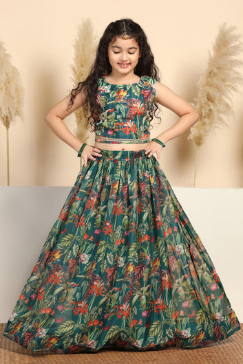 Girls Green Crepe Silk Printed Lehenga Choli Set