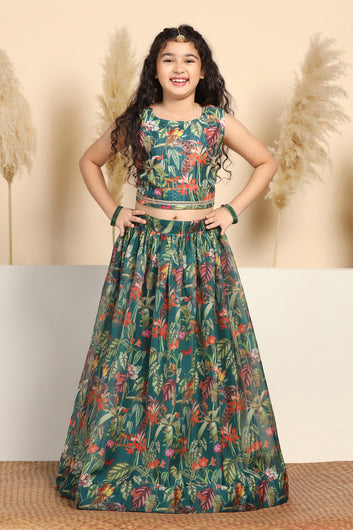 Girls Green Crepe Silk Printed Lehenga Choli Set