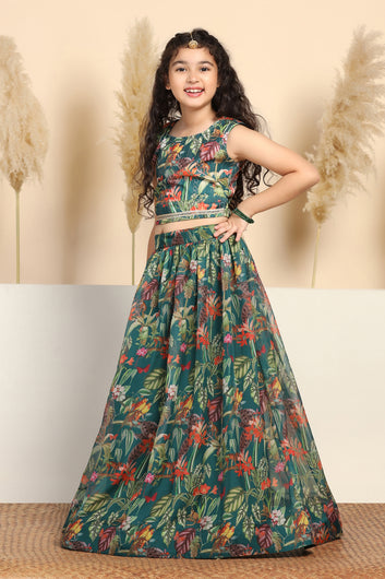 Girls Green Crepe Silk Printed Lehenga Choli Set