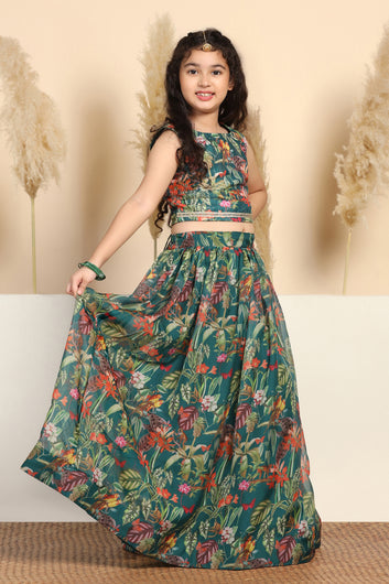 Girls Green Crepe Silk Printed Lehenga Choli Set