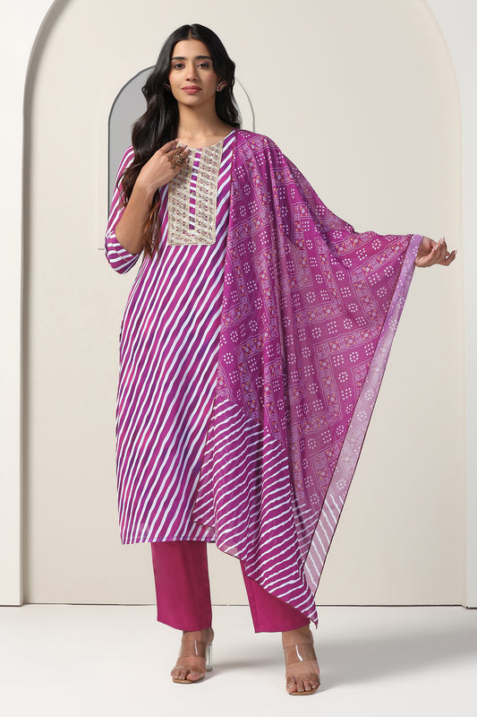 Womens Purple Georgette Straight Leheriya Printed Kurta And Pant With Dupatta Set