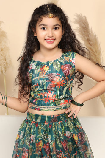 Girls Green Crepe Silk Printed Lehenga Choli Set
