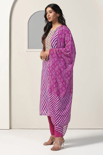 Womens Purple Georgette Straight Leheriya Printed Kurta And Pant With Dupatta Set