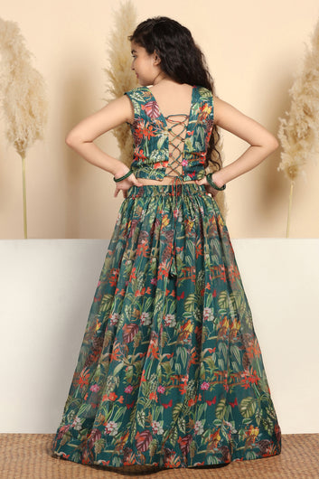Girls Green Crepe Silk Printed Lehenga Choli Set