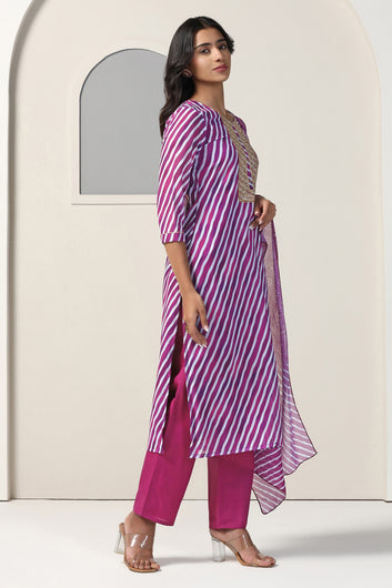 Womens Purple Georgette Straight Leheriya Printed Kurta And Pant With Dupatta Set