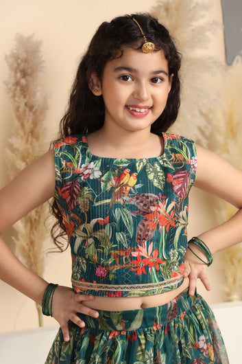Girls Green Crepe Silk Printed Lehenga Choli Set