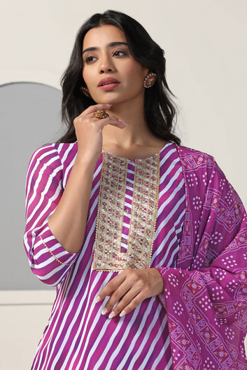 Womens Purple Georgette Straight Leheriya Printed Kurta And Pant With Dupatta Set