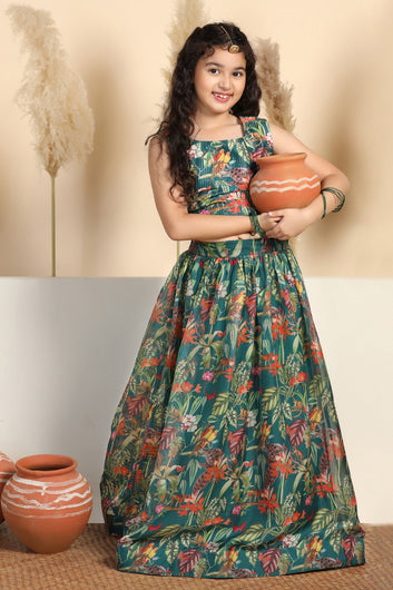 Girls Green Crepe Silk Printed Lehenga Choli Set