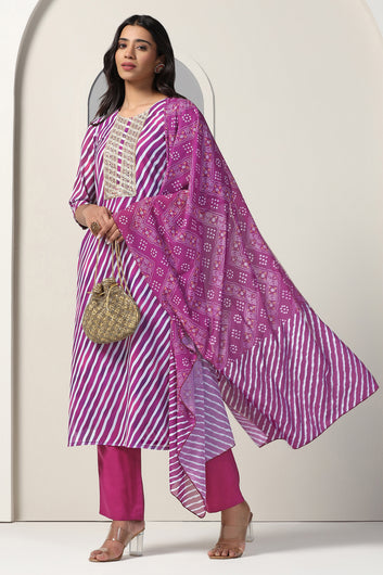 Womens Purple Georgette Straight Leheriya Printed Kurta And Pant With Dupatta Set