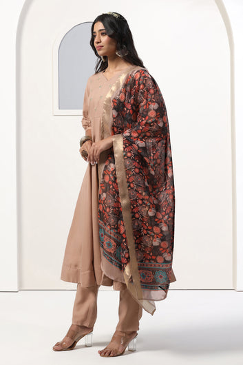 Womens Chikoo Cotton Blend A line Emboidered Kurta And Pant With Dupatta Set