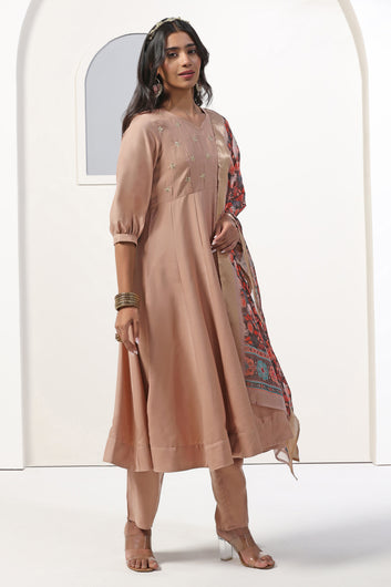 Womens Chikoo Cotton Blend A line Emboidered Kurta And Pant With Dupatta Set